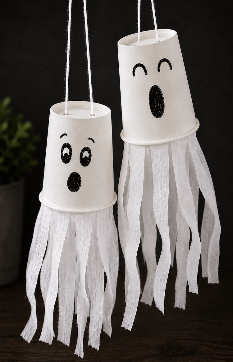 Fun, easy, and cheap to make. This simple Halloween craft for kids is great for children of all ages. When you're done, hang these DIY ghosts up to make home or classroom decor that either spooky or cute!