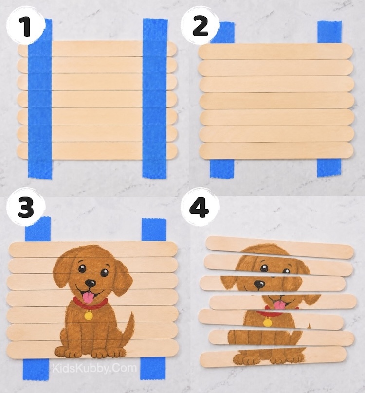 Step by step craft tutorial: How to make puzzles for toddlers and preschoolers using craft sticks. 