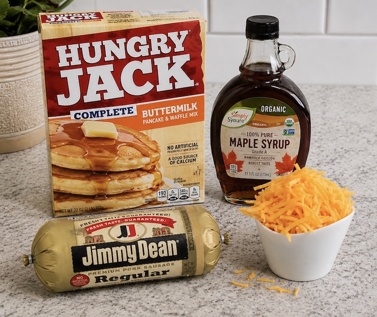 Pancake mix, sausage, cheese, and maple syrup on a counter for making McGriddle bites for breakfast. 