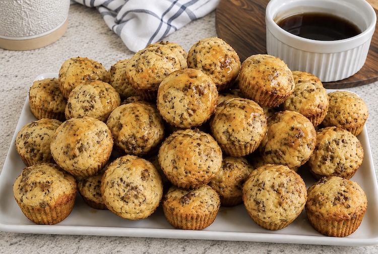 A yummy 4 ingredient breakfast idea! Kids especially love these mini sweet and savory muffins made with pancake mix, cheese, and sausage.