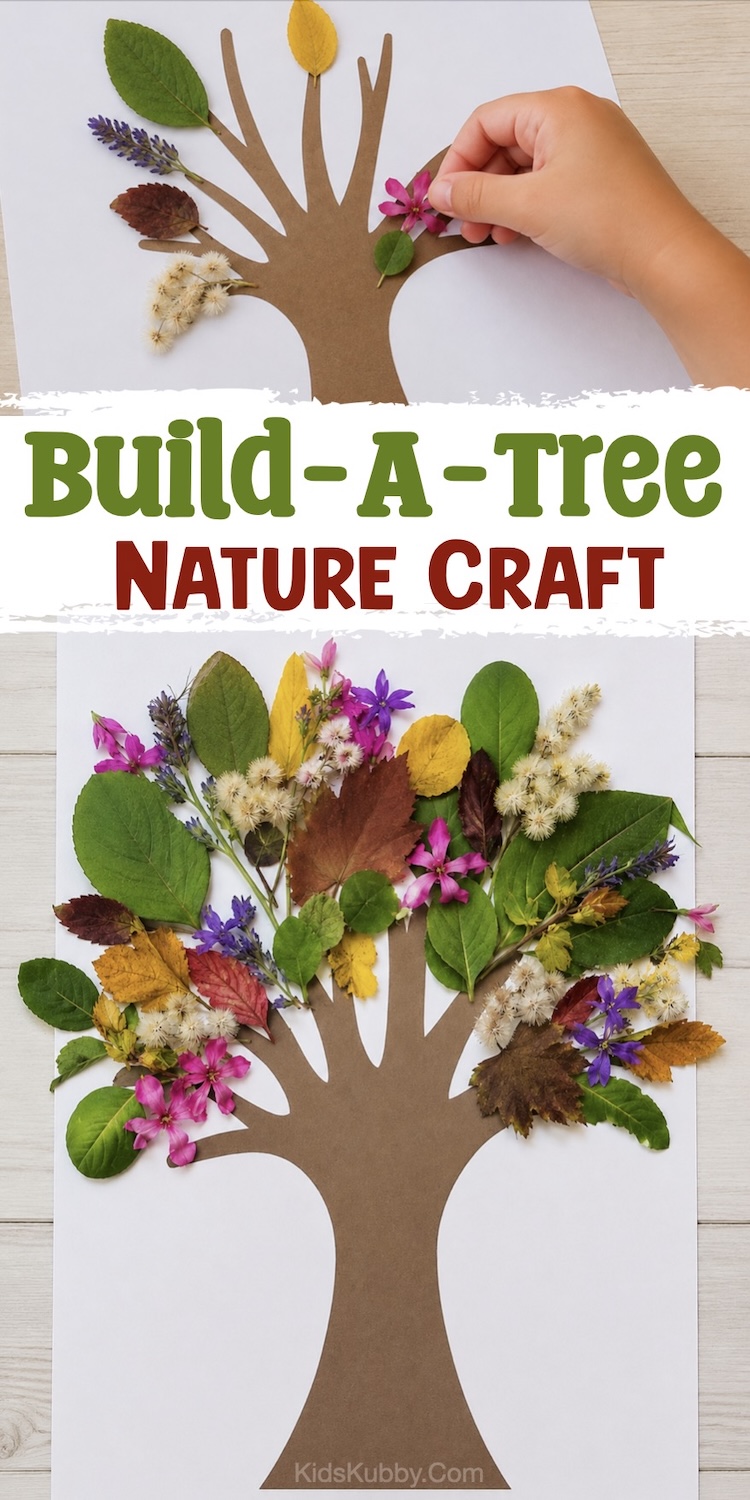 Build-A-Tree nature craft for kids to make with leaves and flowers collected on a nature hunt or in your backyard. Use them to make beautiful tree art for any season! A fun and easy project for toddlers, preschoolers, and older kids.