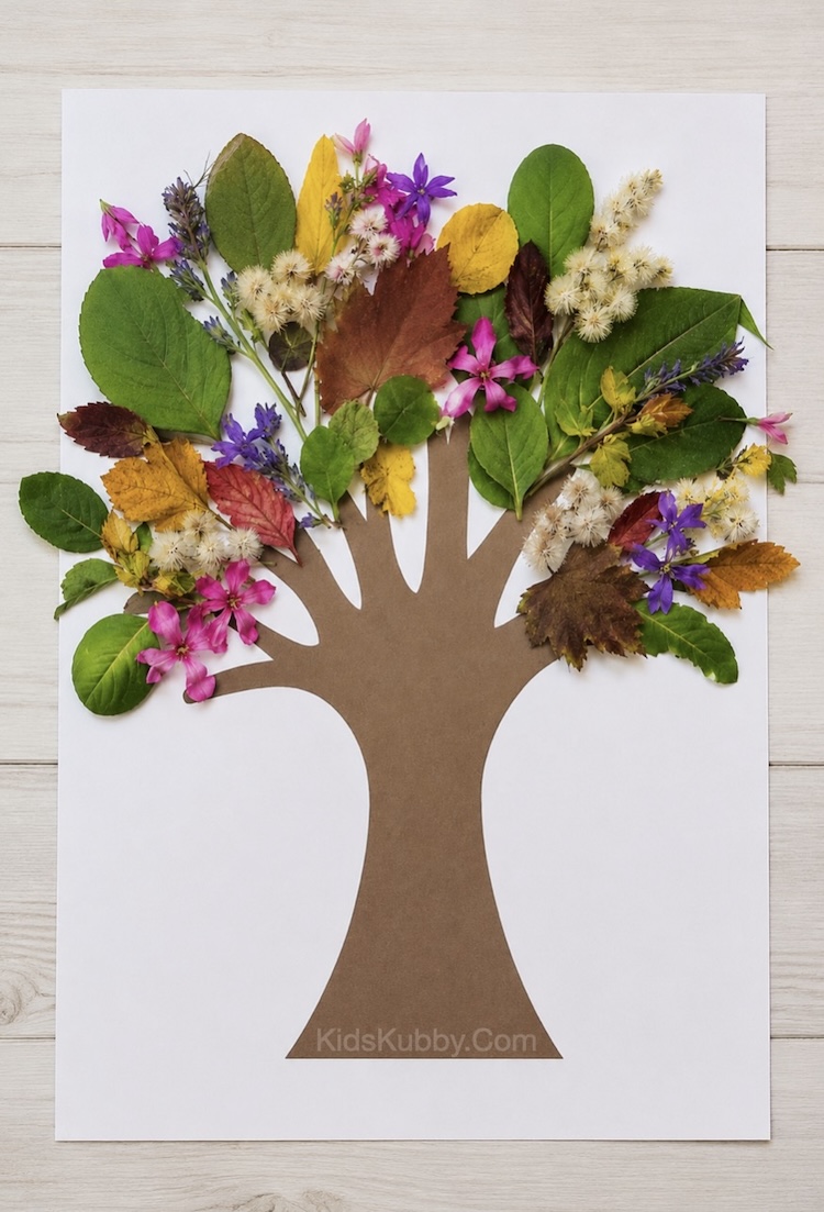 Fun outdoor activity for kids to make! How to build a nature tree for any season-- fall, spring, summer, or winter with foliage from your yard and a free tree trunk printable.