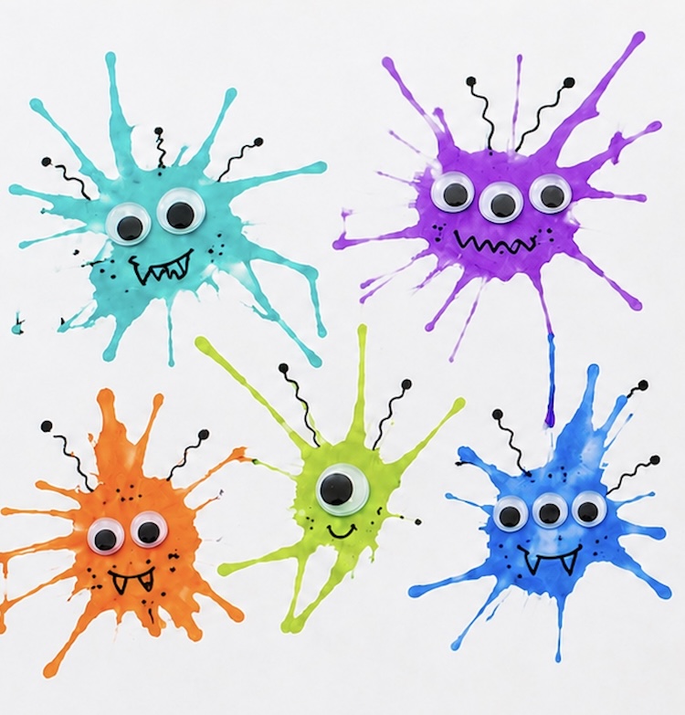Silly monster craft for kids using liquid watercolor paint, google eyes, and a pen to draw on goofy faces.