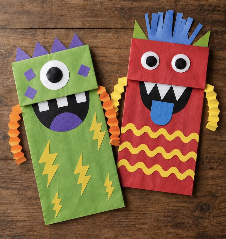 Creative and fun ideas for making paper bag monsters for Halloween.