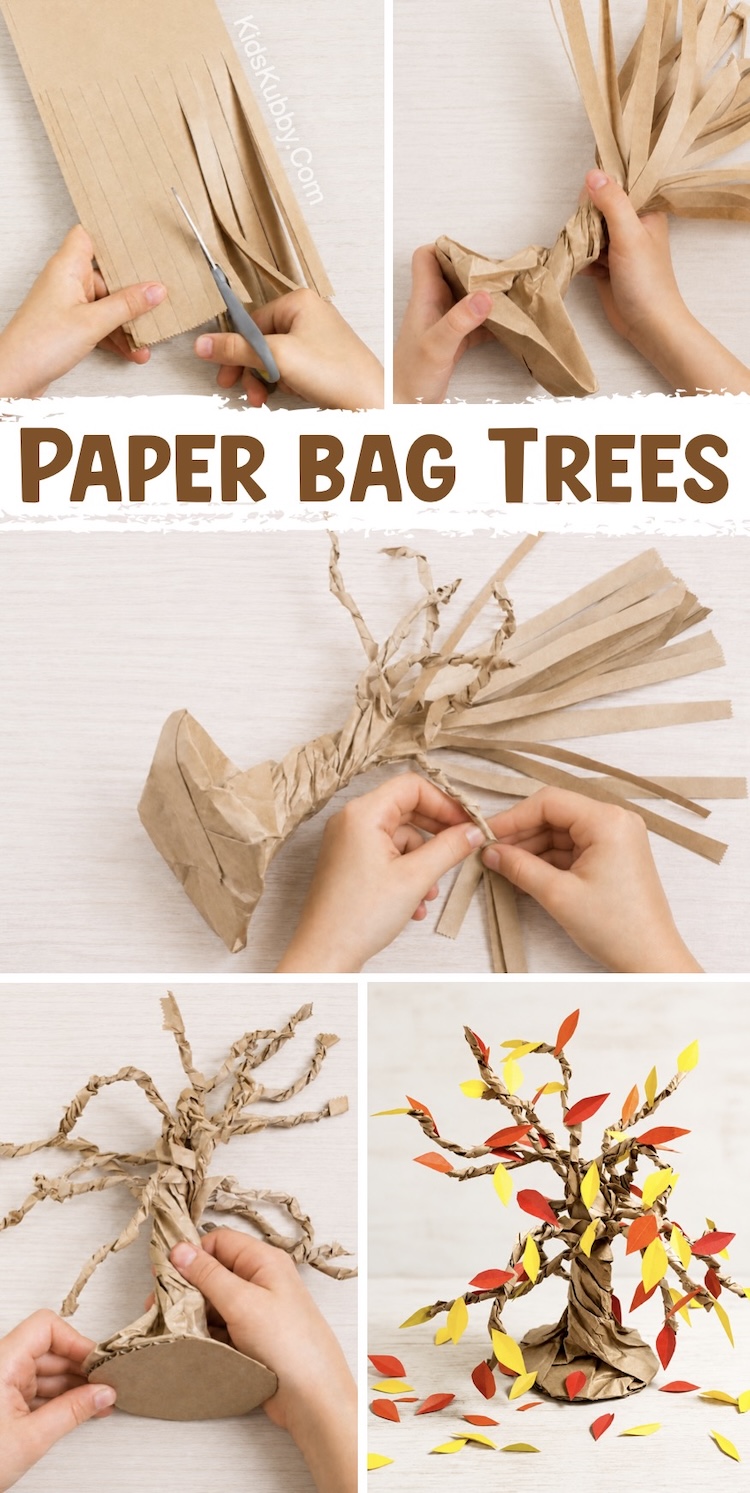 Easy Craft Tutorial For Kids: How to make beautiful trees out of brown paper lunch bags! This fun project is simple and cheap to make with just recycled materials. A fun craft to do at home on a rainy day or even classroom project for 2nd, 3rd, and 4th graders.