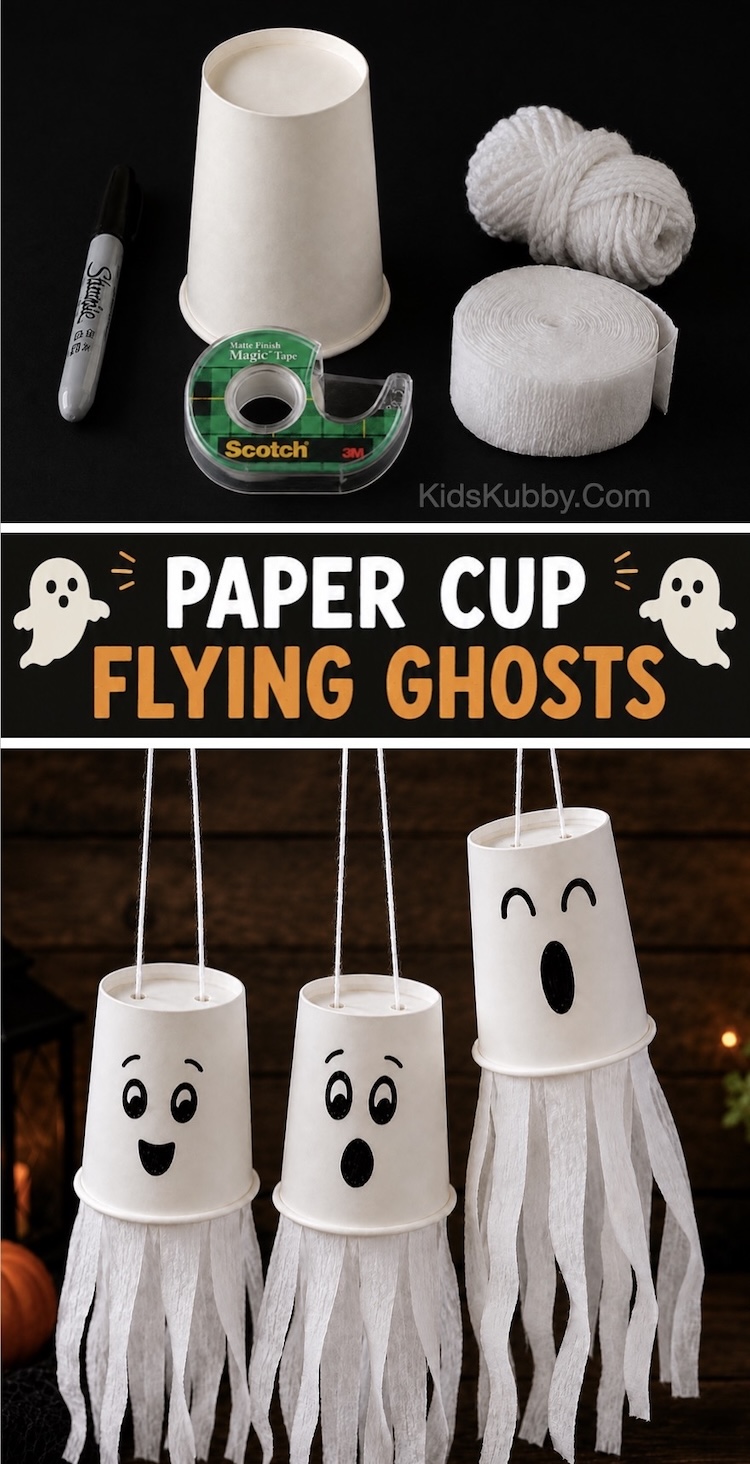 Step by step craft tutorial for Halloween. how to make paper cup flying ghosts with white paper cups, string, streamers, and tape. A super easy and cheap Halloween craft for kids to make at home or in the classroom.