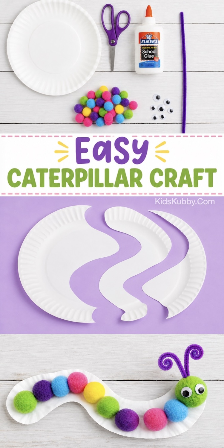 How to make the cutest colorful caterpillar craft with a paper plate, pipe cleaner, and pom poms. This easy craft is perfect for preschool age kids and toddlers to make t home with cheap supplies. Low mess!