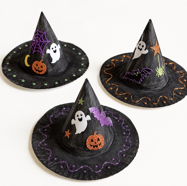 DIY easy paper plate pointy witch hats with decorations. 