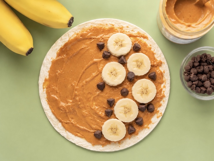 Fun breakfast, snack, or lunch for kids made with peanut butter, banana, tortillas, and chocolate chips.