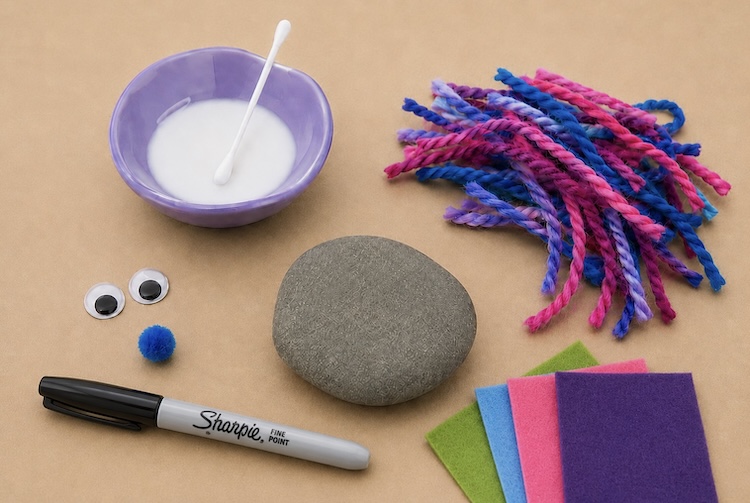 How to make fluffy pet rocks with yarn and felt.