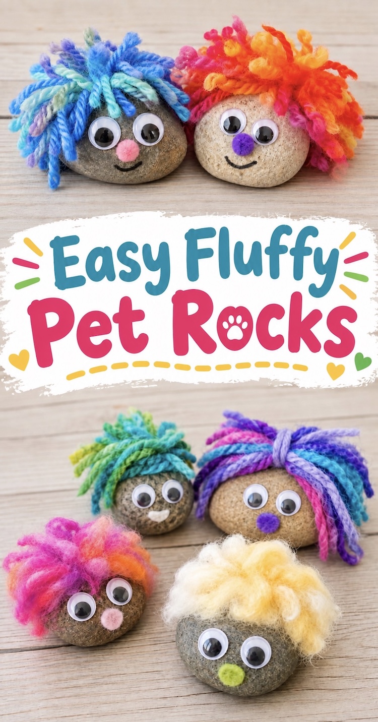 Easy pet rock ideas for kids to make with fluffy hair and wiggly eyes! Lots of ideas and pictures as well as a tutorial on how to make the hair. This fun cheap craft is great for kids of all ages, and when they are done they have a new little friend that can hang out in the house to be admired.