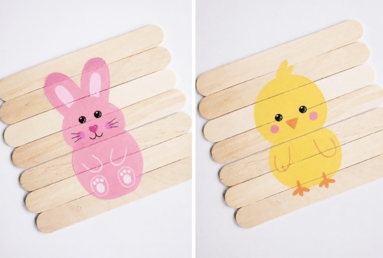 Spring bunny and chick popsicle stick puzzle craft for kids. 