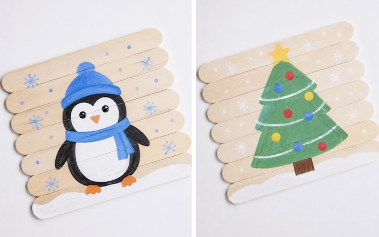 Christmas themed DIY popsicle stick puzzles for preschoolers. 