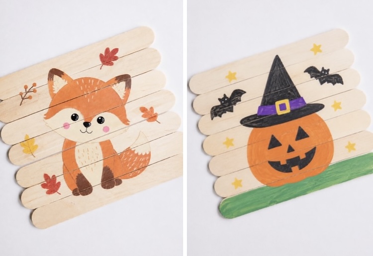 Popsicle stick Halloween craft activity for kids. How to make puzzles!