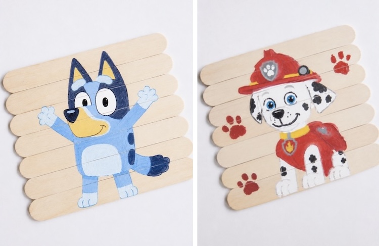Fun popsicle stick puzzle ideas for toddlers using their favorite cartoon characters! Bluey and Paw Patrol 