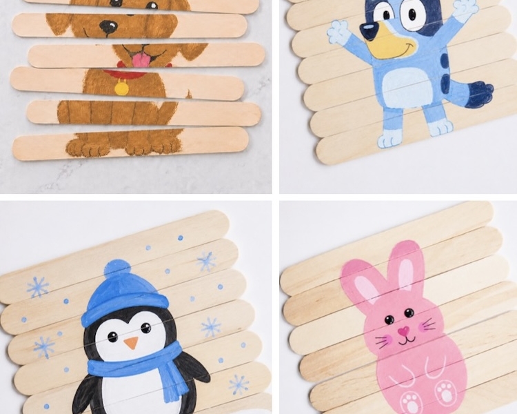 How to make popsicle stick puzzles with a full craft tutorial and lots of photo ideas. This simple craft is also a fun learning game for kids, quite time activity for toddlers, and exciting project for preschoolers.