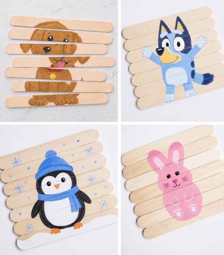 How to make popsicle stick puzzles with a full craft tutorial and lots of photo ideas. This simple craft is also a fun learning game for kids, quite time activity for toddlers, and exciting project for preschoolers.