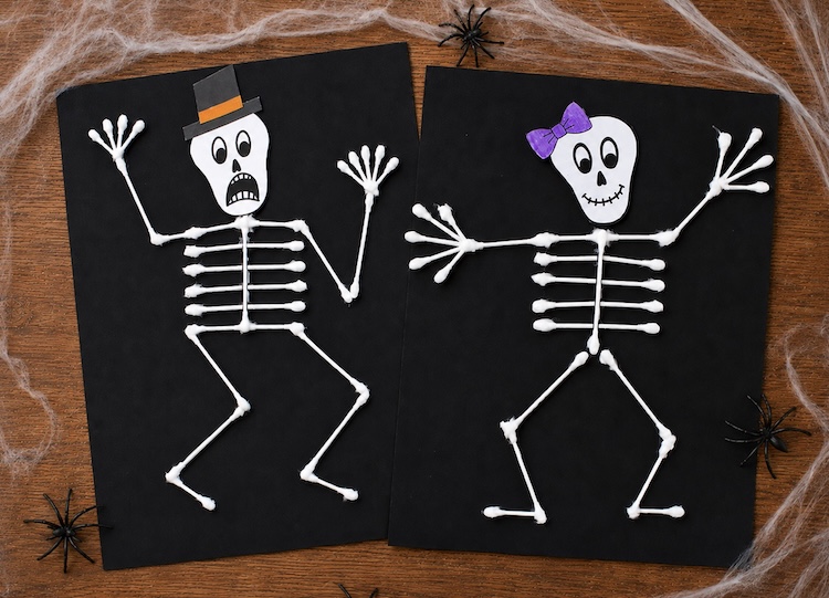 How to make a cute or spooky skeleton craft for Halloween with Q-tips and paper!