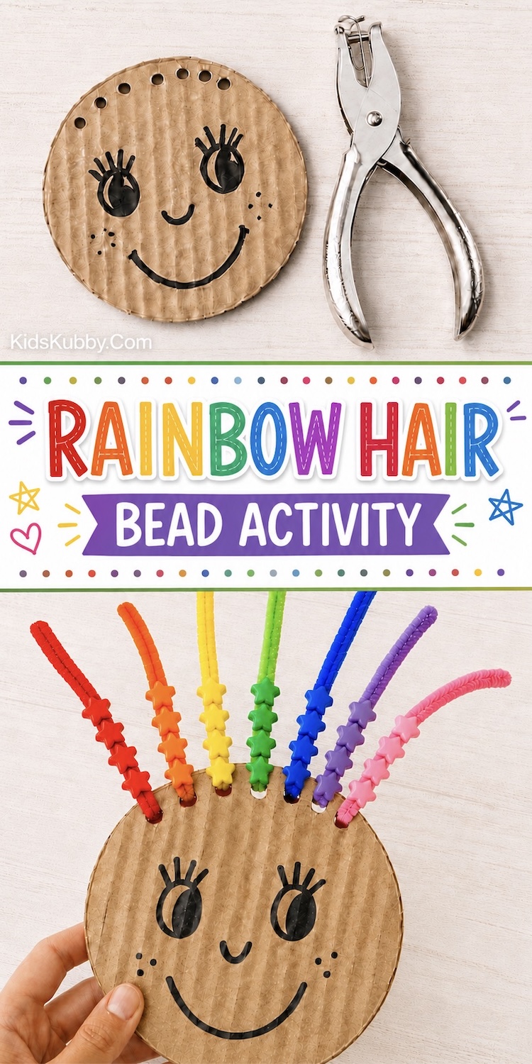 A fun craft, learning game, and activity for toddlers and preschoolers! Learn how to make colorful pipe cleaner hair on a cute cardboard face for lacing pony beads and practicing fine motor skills, counting, and color recognition.