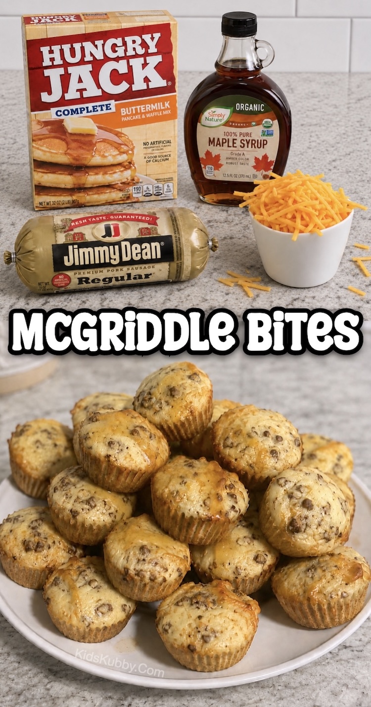 McGriddle Bites are an easy yet delicious breakfast idea that kids love. Perfect for Sundays brunch, slumber parties, holidays, and an easy make-ahead breakfast that can be enjoyed even on busy mornings. Made with just pancake mix, sausage, cheddar, and maple syrup. 