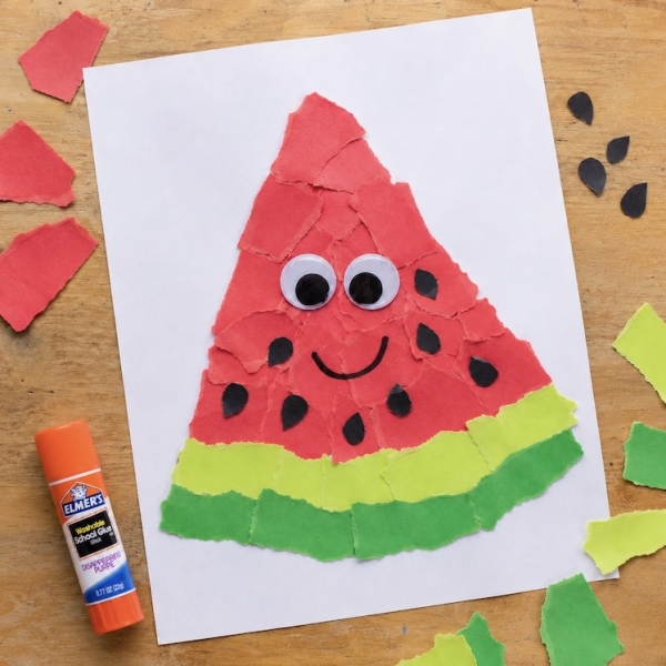 Torn paper craft and art ideas for kids of all ages! A low mess, easy to set up, and cheap indoor activity for at home or in the classroom.