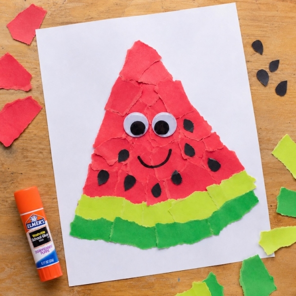 Torn Paper Art is a fun construction paper craft for kids that's easy to make with pieces of torn paper glued onto a template for preschoolers or free style for older kids to make mosaic like art.