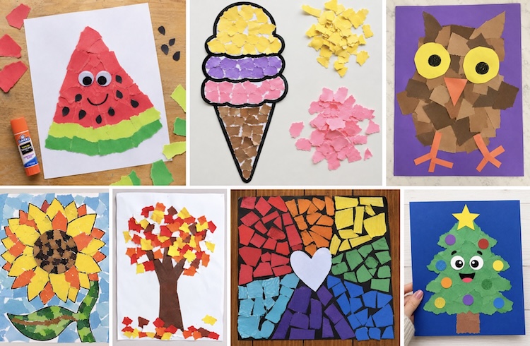 Simple torn paper art ideas for kids of all ages! Toddlers, preschoolers, elementary age, and even teens. This low mess art craft is made with just construction paper and glue to make mosaic inspired art that doesn't take any skills. A great rainy day craft!