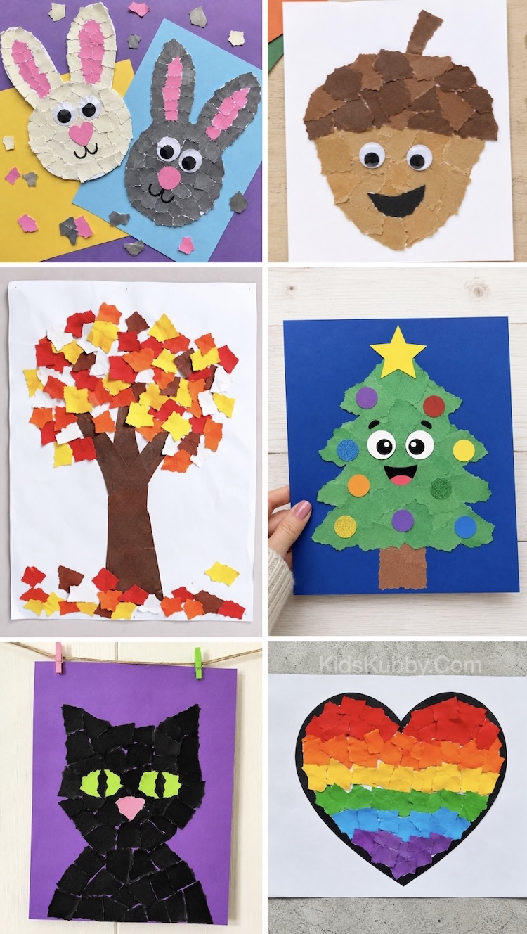 Torn paper art ideas! This simple low mess craft is great for kids of all ages, even adults! Preschoolers love tearing the paper and using their glue stick, and older kids have run creating unique designs.