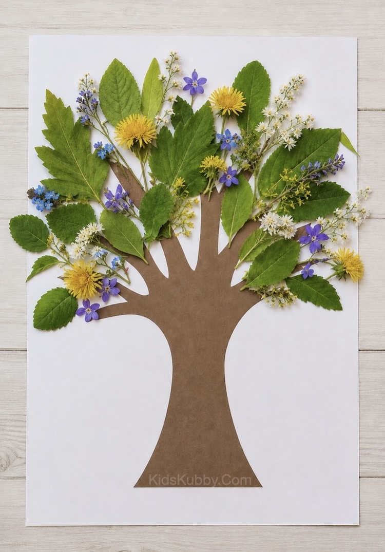 DIY nature activity and craft for kids using a printable tree trunk and foliage from your backyard.