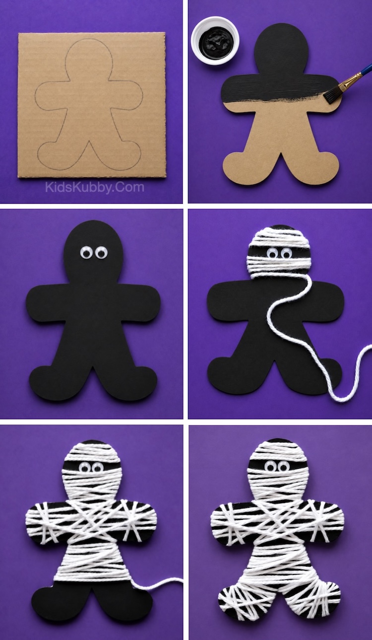 Easy cheap Halloween craft for kids to make at home using cardboard and white yarn. These little mummies are spooky and fun to make to play with and use as a decoration!