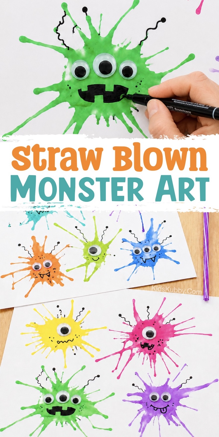 Fun and easy monster craft for kids using straws to blow paint on paper. A simple craft for preschoolers and older kids to make at home! How to make silly monsters with a step by step craft tutorial.