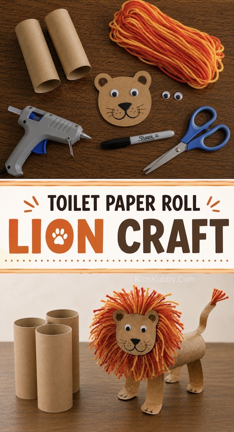 If you're looking for toilet paper roll crafts for kids that are easy to make, this impressive lion craft is fun for all ages! The fuzzy mane is made with colorful yarn. Other than that you just need a few recycled materials and cheap craft supplies. 