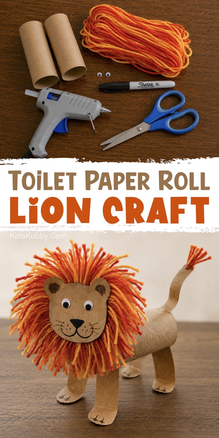 DIY Lion Craft For Kids - How to make a cool animal craft out of recycled cheap toilet paper roll tubes and scraps of yarn. 