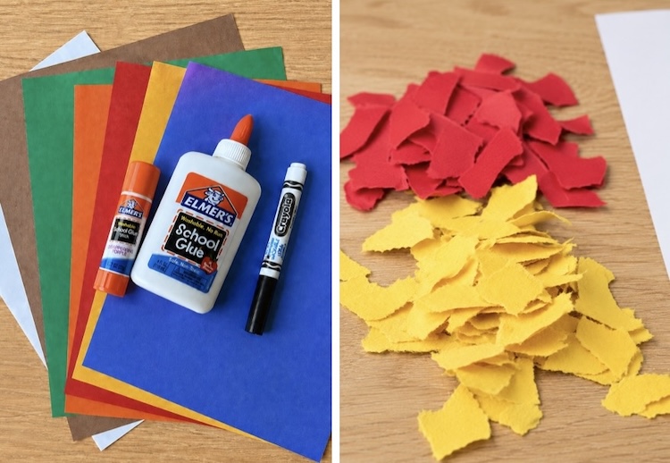 Supplies needed to make easy torn paper art for kids: construction paper, glue, and a drawing or printable template to get started.