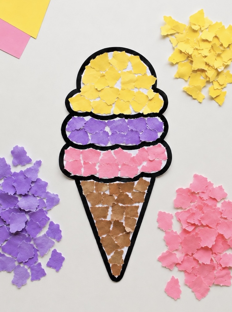 Summer time craft project using torn paper and a printable ice cream cone template. A fun project for preschoolers!