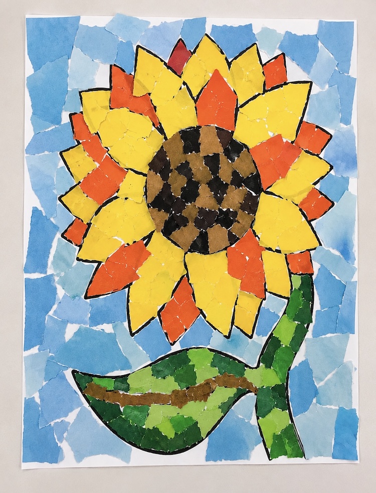 Torn paper sunflower craft. An easy spring or summer art project for kids to make at home!