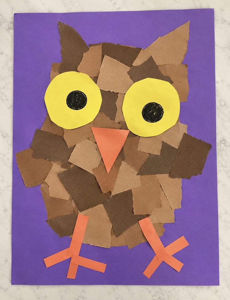 Adorable torn paper owl craft for kids! So easy to make with just glue and torn pieces of colorful construction paper.