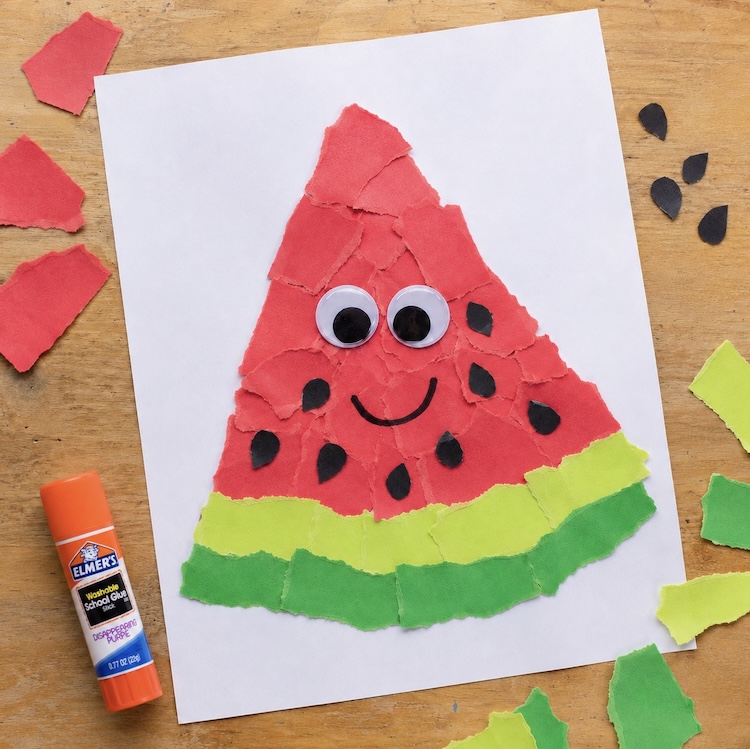 Cute torn paper watermelon art project for kids! This easy low mess craft includes a printable template.