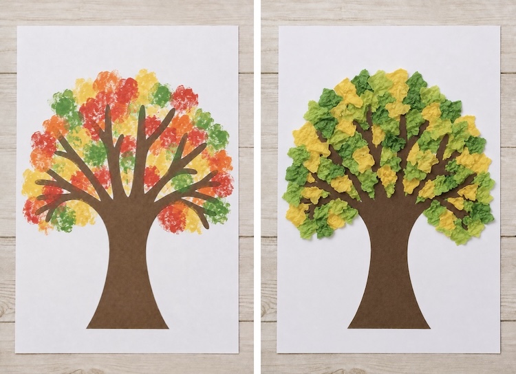 Easy tree craft ideas for kids using real leaves, paint, construction paper, or tissue paper.