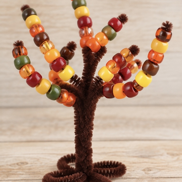 How to make an easy pipe cleaner tree trunk for lacing pony beads onto. A fun learning activity, craft, and fine motor skill practice for young children to practice hand eye coordination and color recognition.