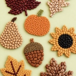 DIY Bean Craft Ideas for Fall made with dried beans, glue, and cardboard shapes such as leaves, pumpkins, flowers, and acorns. An easy recycled craft for kids and adults.