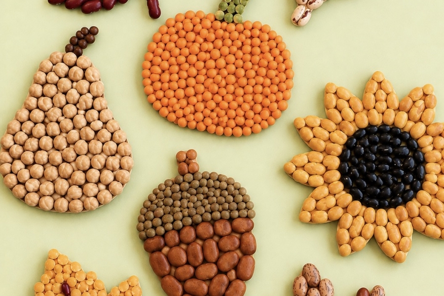 DIY Bean Craft Ideas for Fall made with dried beans, glue, and cardboard shapes such as leaves, pumpkins, flowers, and acorns. An easy recycled craft for kids and adults.