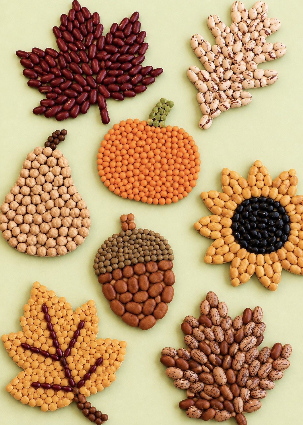 DIY Bean Craft Ideas for Fall made with dried beans, glue, and cardboard shapes such as leaves, pumpkins, flowers, and acorns. An easy recycled craft for kids and adults. 