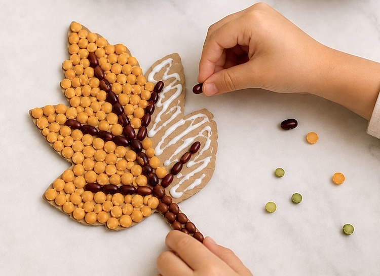 Bean leaf mosaics craft. A cheap and easy art project for fall using recycled materials and dried beans to make unique art. 
