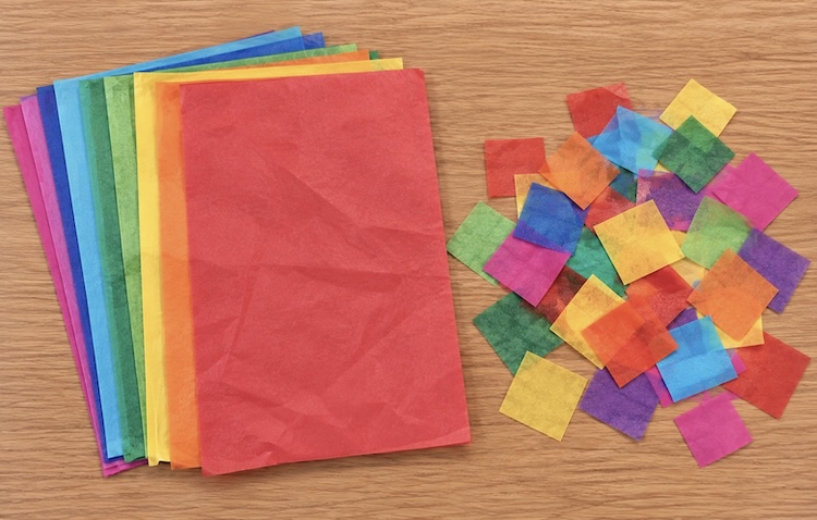 Bleeding tissue paper cut into small squares to make a fun art project.