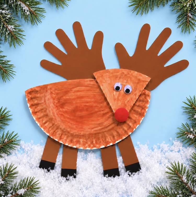 Easy Christmas craft for preschool. How to make paper plate reindeer with brown construction paper antlers made with your child's handprints.