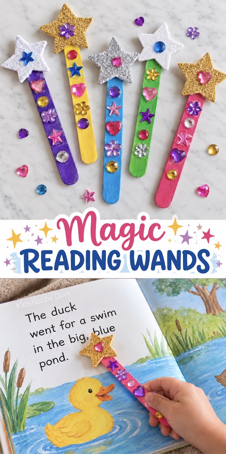 DIY craft tutorial: How to make easy magic wand reading pointers! This simple popsicle stick craft for kids doesn't require any glue or paint, just colorful popsicle sticks, foam star stickers, and gem stickers. They get younger kids, even toddlers, excited about reading.