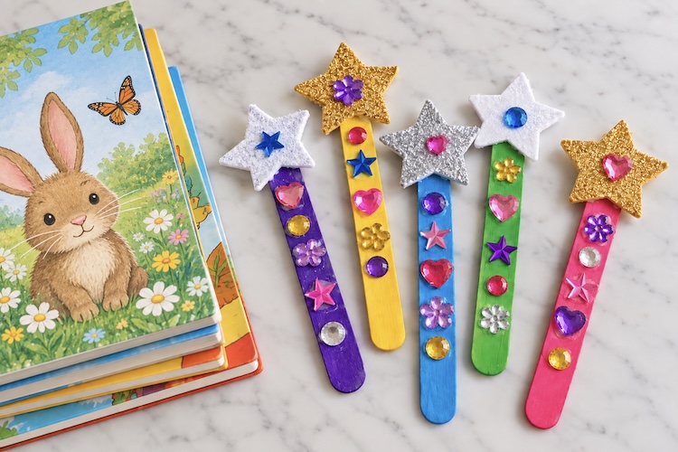 How to make easy popsicle stick magic wand reading pointers for kids! A fun way to get your preschoolers and younger children excited about reading and keeping track of the word they are on.