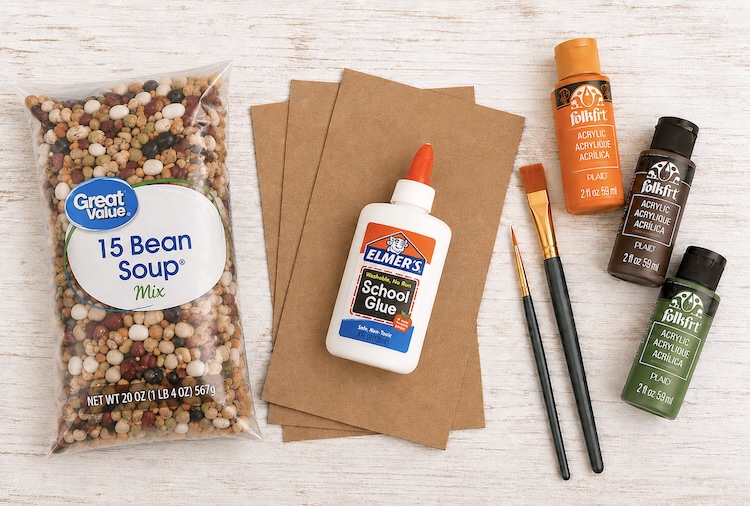 How to make dried beans mosaics for fall with glue, cardboard, and some optional paint. 