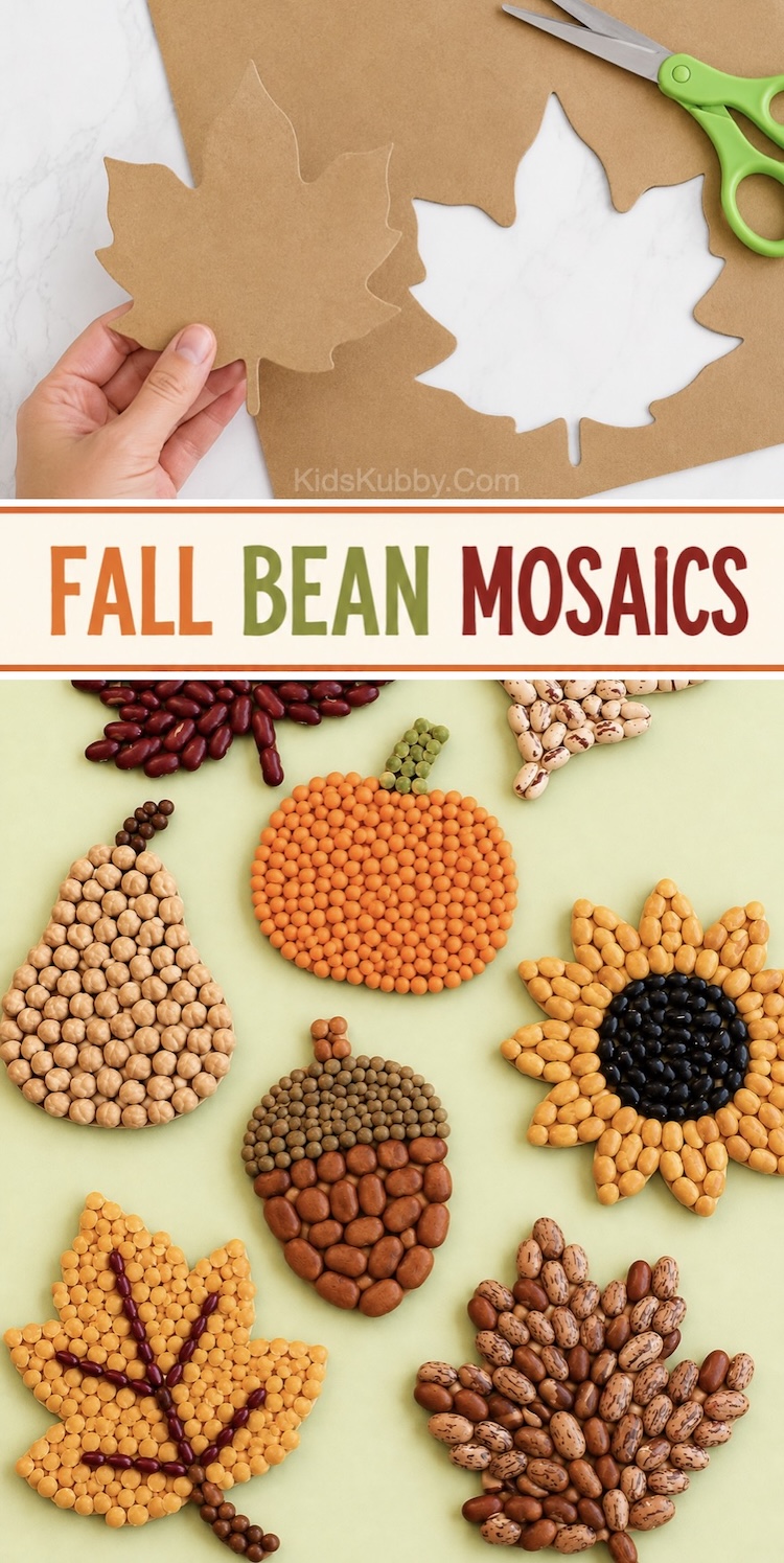How to make dried bean mosaic art! This fun fall craft is relaxing, fun to make, and turns out really impressive for something made with cheap recycled materials. Cut the cardboard into fall leaf shapes, pumpkins, apples, acorns, or flowers. 